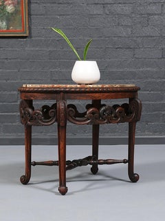 Italian Carved Mahogany Table w/ Foliate Scrollwork, Central Cartouche & Breccia