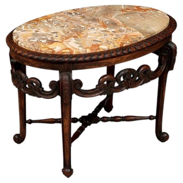 Italian Carved Mahogany Table w/ Foliate Scrollwork, Central Cartouche & Breccia