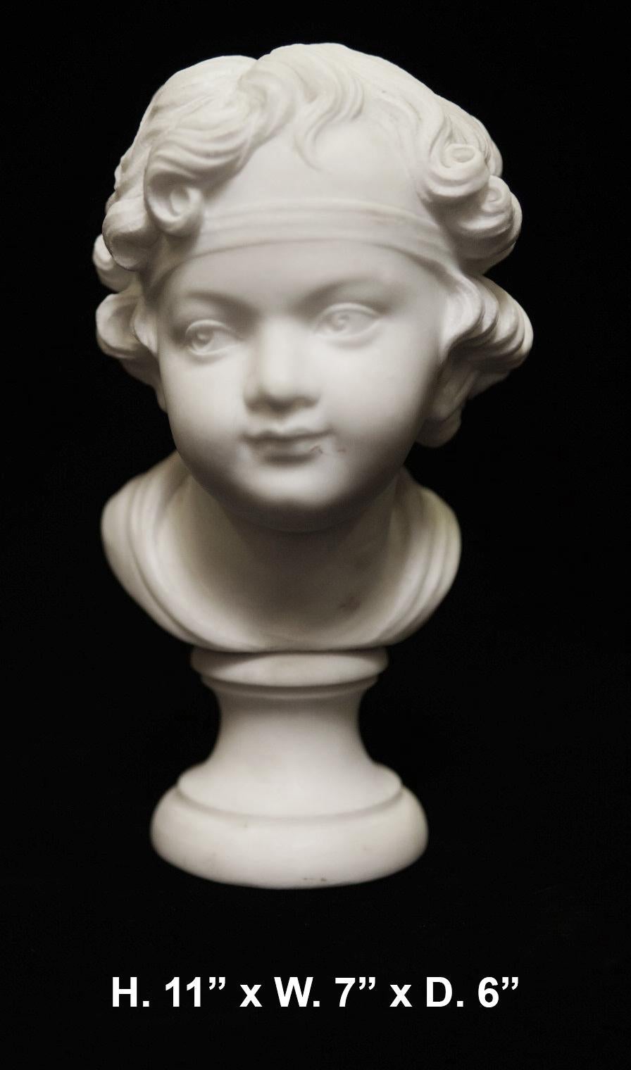 A beautiful 19th century Italian finely hand carved white marble bust of a girl, resting on a circular foot and base. Meticulous attention was given to the carving of the hair and eyes. 


 