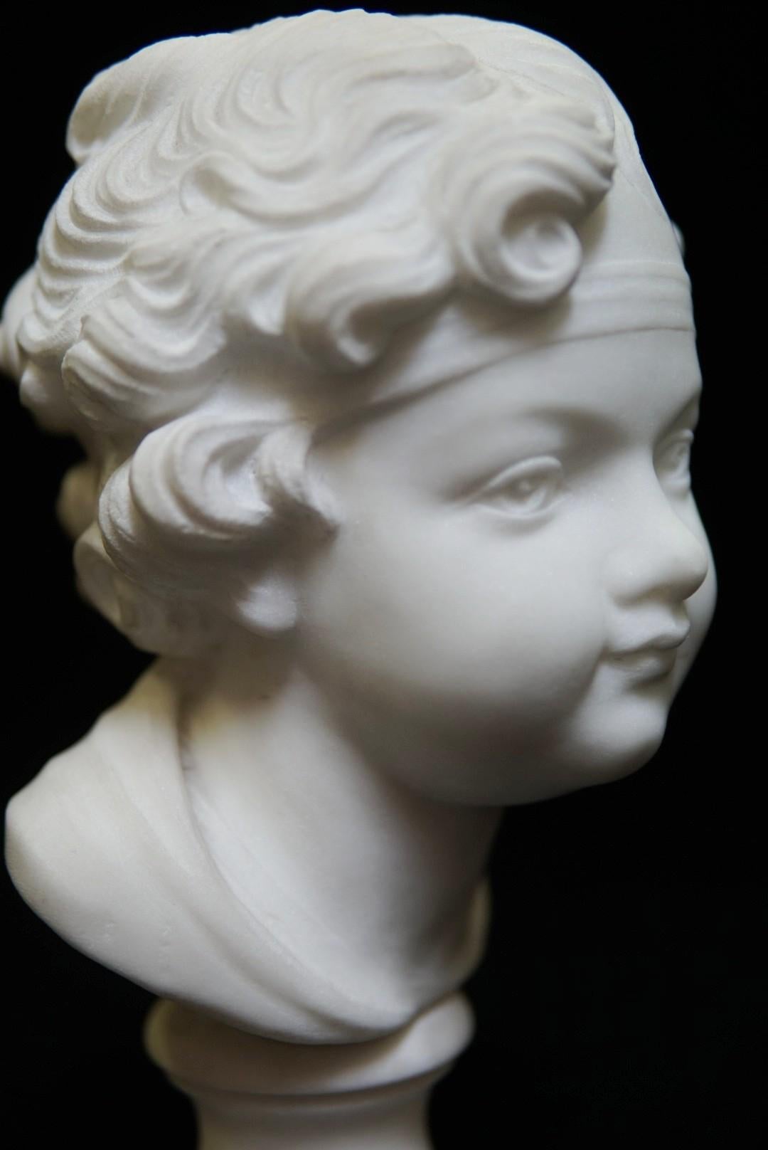 Hand-Carved Italian Carved Marble Bust of a Girl, 19th Century