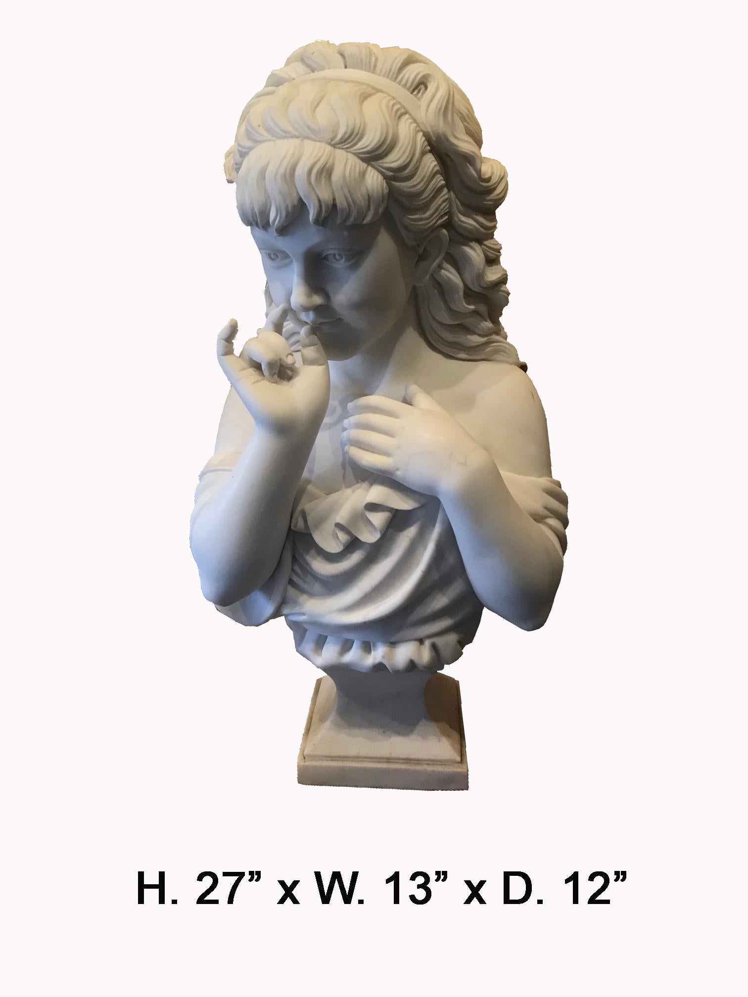 Fine Italian hand carved white marble bust of a girl with curly hair.
With beautifully carved ringlets of hair, meticulous attention has been given to every detail,
Mid-20th century.
Measures: H 27