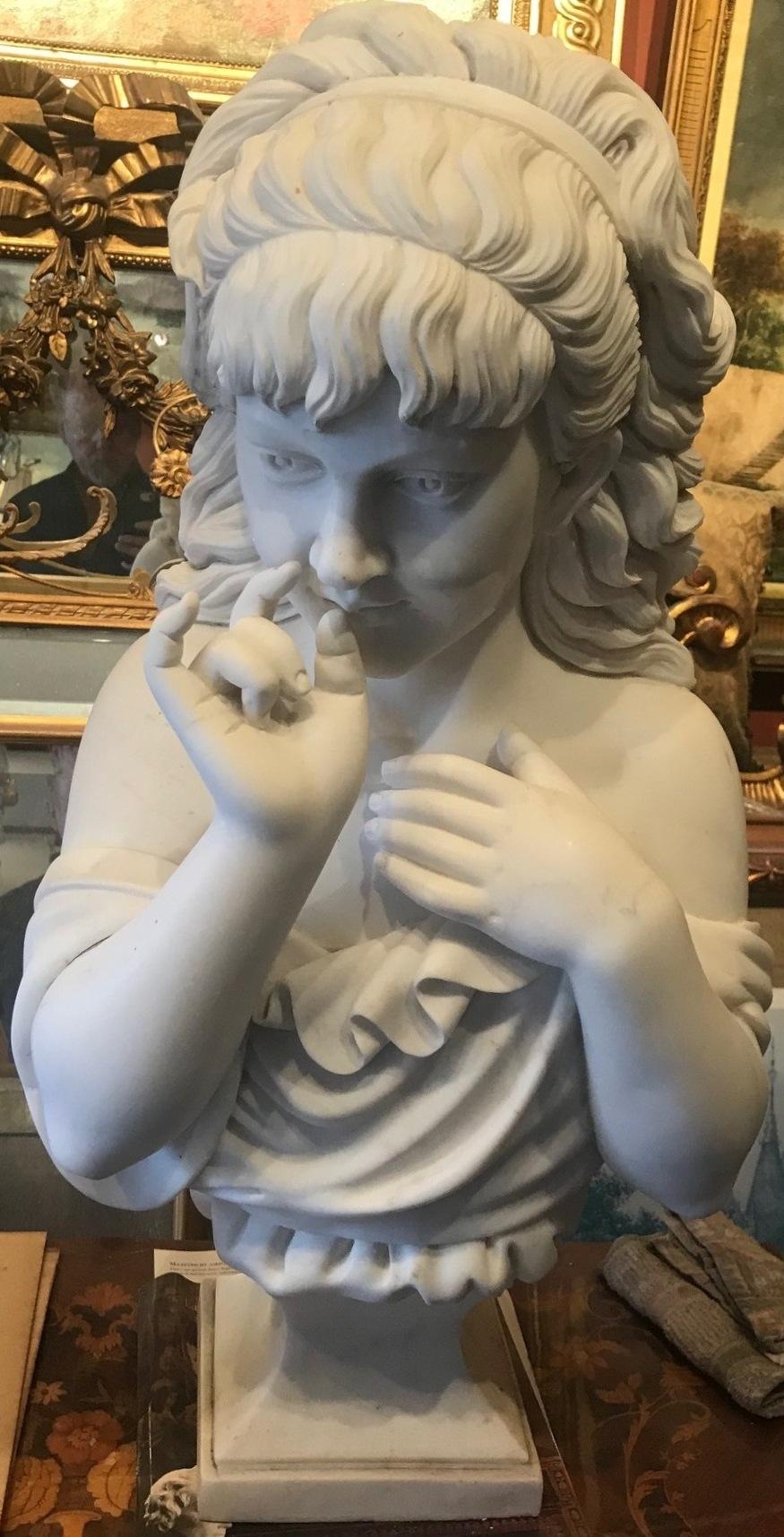 Italian Carved Marble Bust of a Girl In Good Condition In Cypress, CA