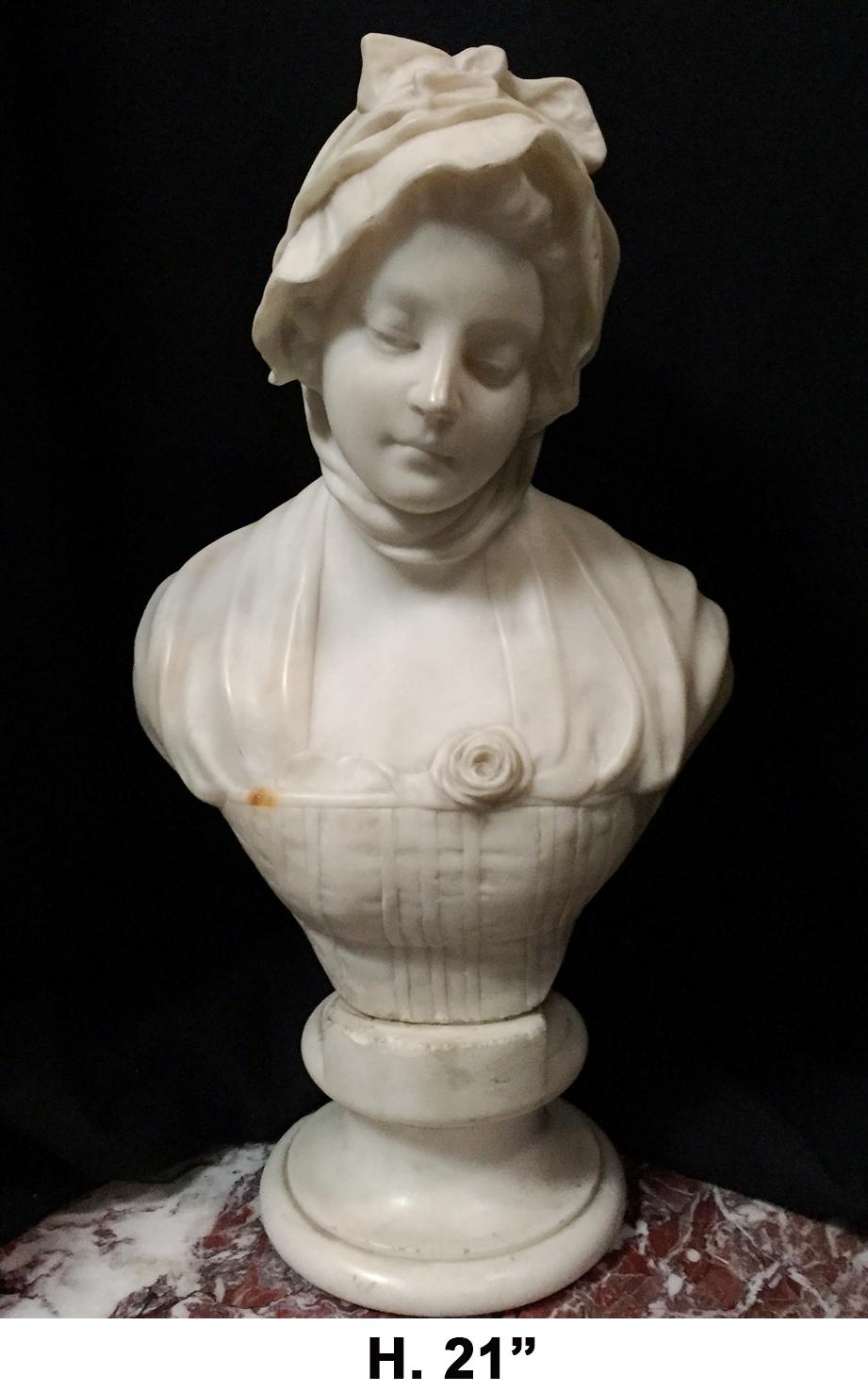 Marbre Buste d'une jeune fille en marbre sculpté italien, 19ème siècle en vente