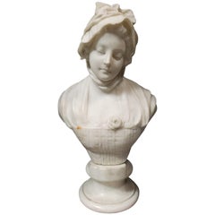 Antique Italian Carved Marble Bust of Girl, 19th Century