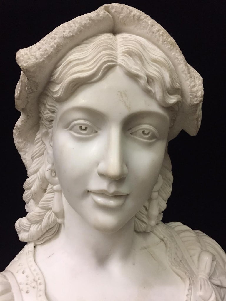 Italian Carved Marble Bust on Marble Pedestal For Sale at 1stdibs