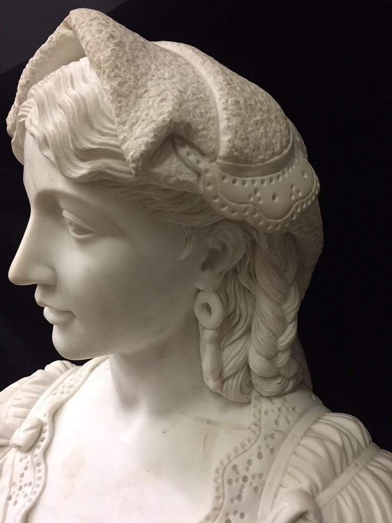 Italian Carved Marble Bust on Marble Pedestal For Sale at 1stdibs