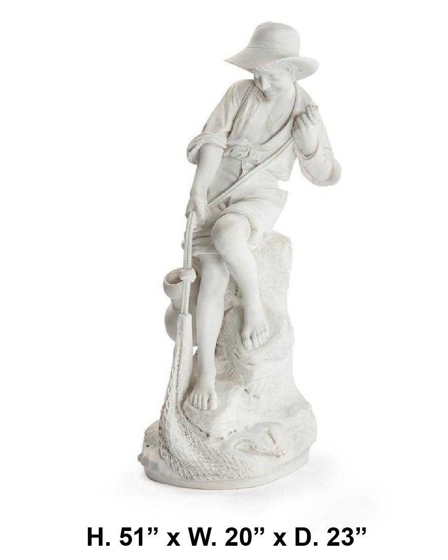Fabulous and large Italian carved marble statue of a fisher boy.
Early 20th century. Signed.
The Fisher boy, dressed in traditional clothing and a trilby, is seated on a boulder tugging on fishers net. The face of The Fisher boy masterfully filled