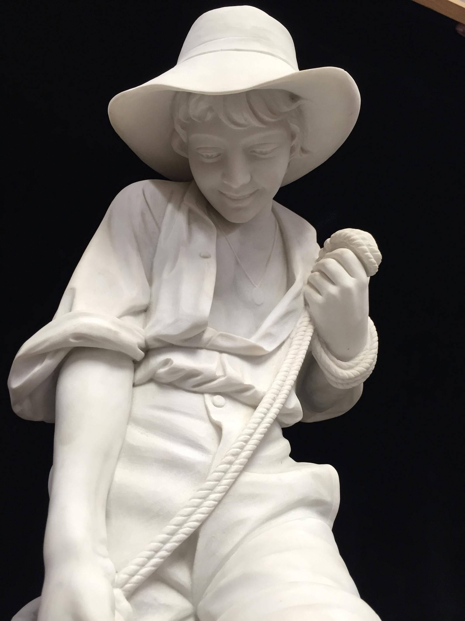 Italian Carved Marble Statue of a Boy, Signed In Good Condition In Cypress, CA