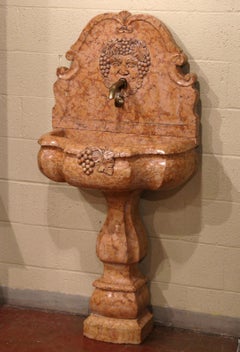 Italian Carved Marble Three-Piece Wall Fountain with Bacchus and Vine Decor