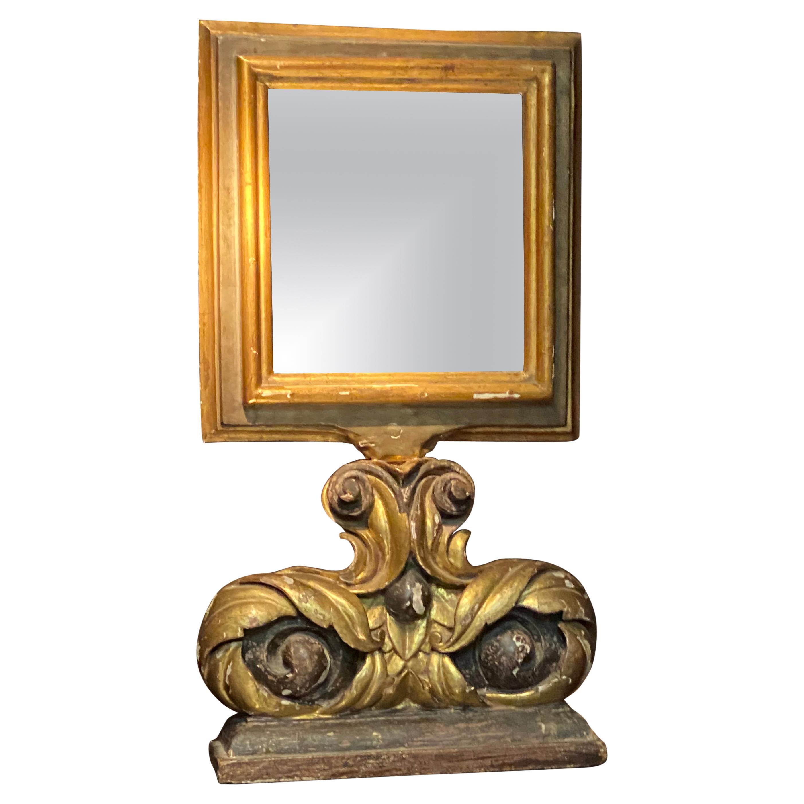 Antique Italian Mirror in Painted Golden Wood with baroque base, 1790s. For Sale