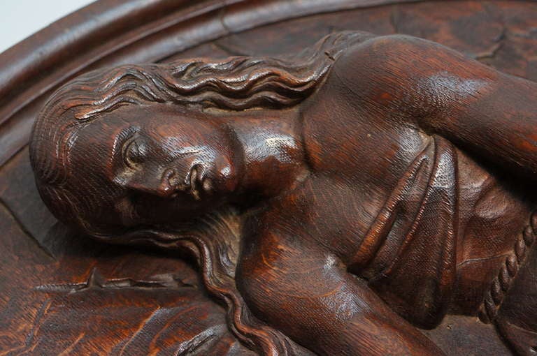 19th Century Italian Carved Oak Tondo Representing Maria Magdalene as a Penitent For Sale