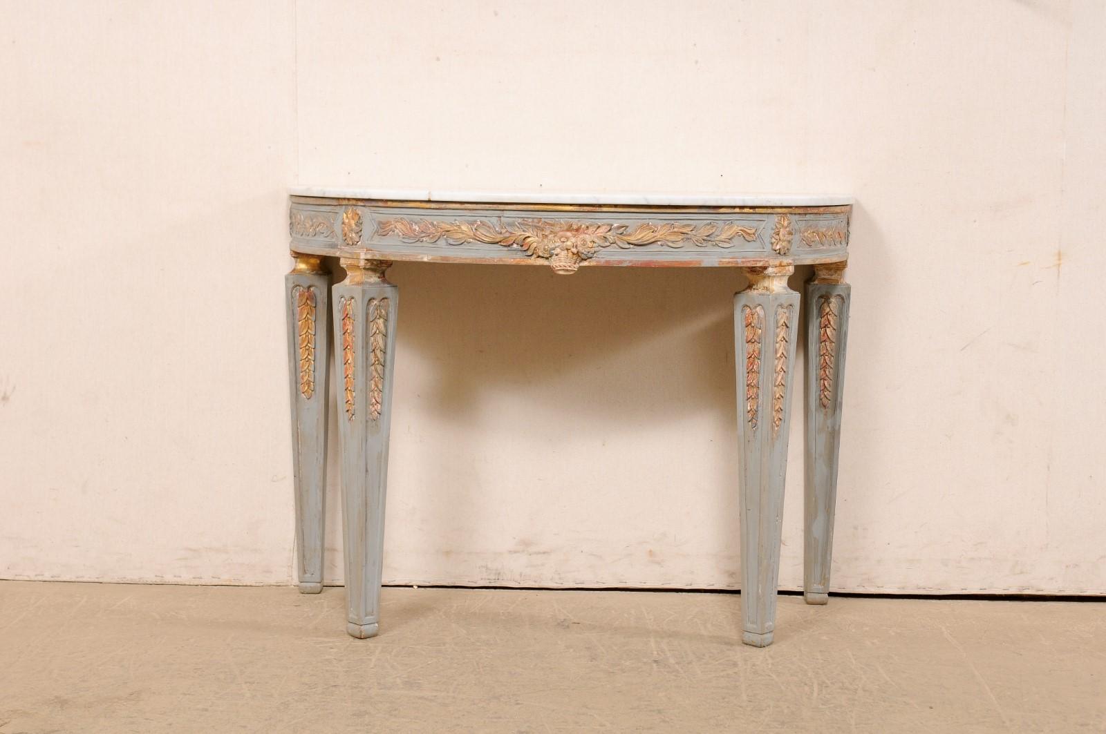 Italian Carved & Painted Demi-Lune Console Table with White Marble Top For Sale 6
