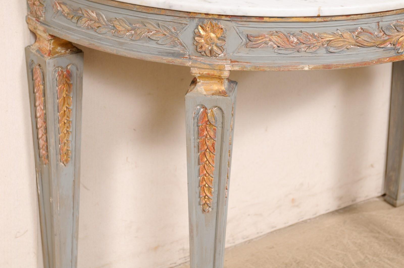 Italian Carved & Painted Demi-Lune Console Table with White Marble Top For Sale 7