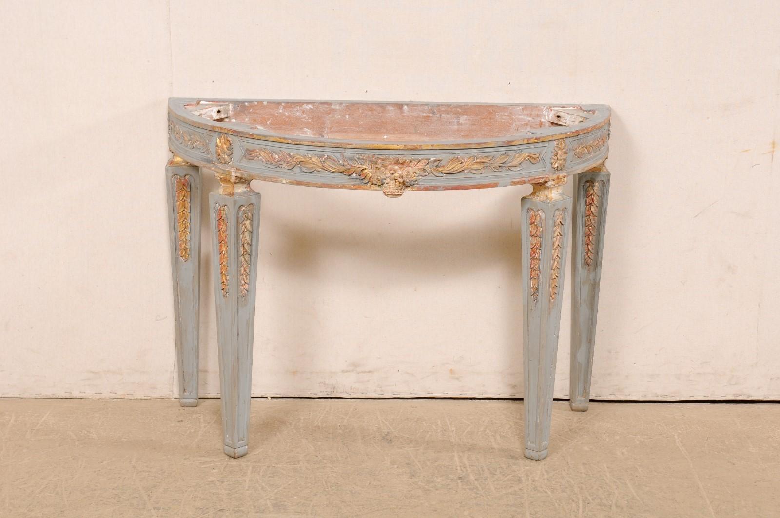 Italian Carved & Painted Demi-Lune Console Table with White Marble Top For Sale 8