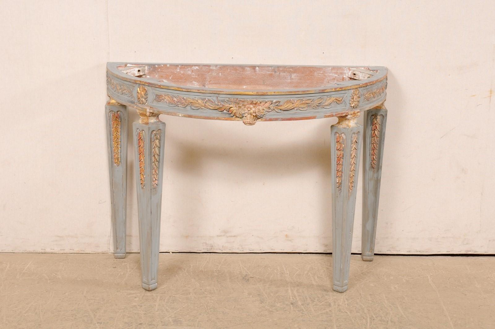 Carved & Painted Demi-Lune Console Table with White Marble Top--Italian For Sale 8