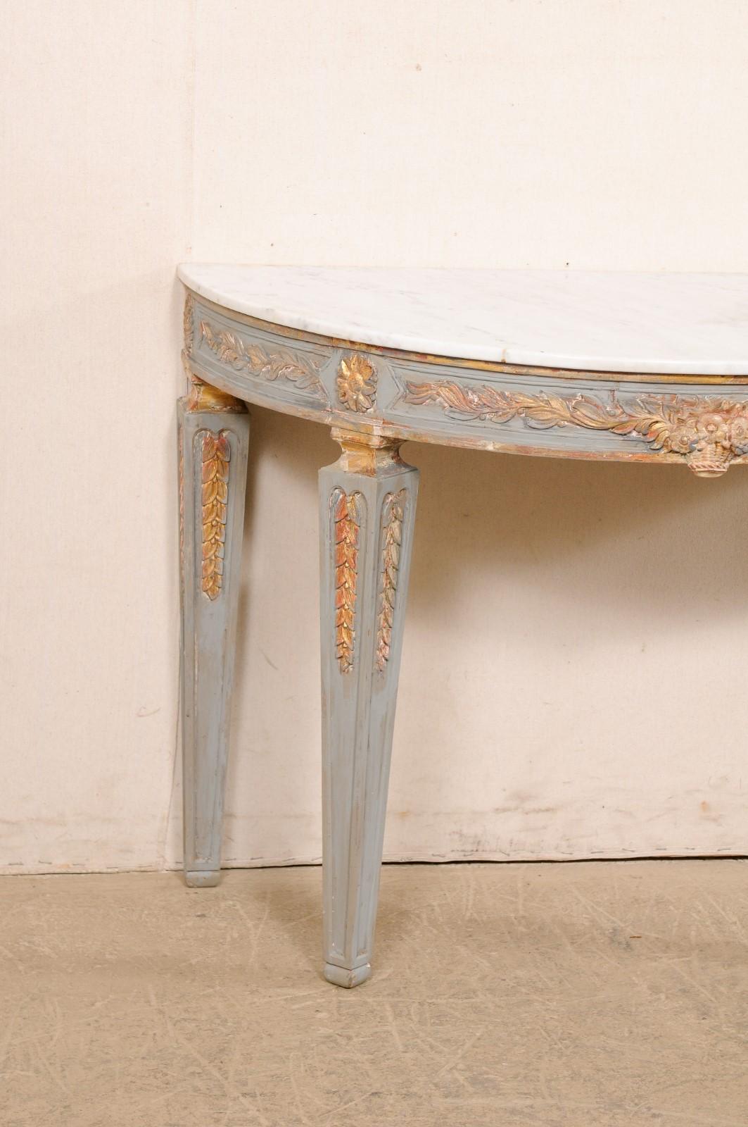 Italian Carved & Painted Demi-Lune Console Table with White Marble Top In Good Condition For Sale In Atlanta, GA