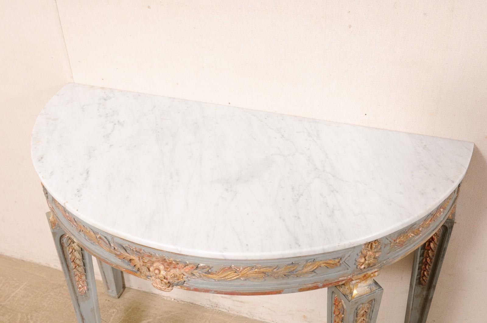 Italian Carved & Painted Demi-Lune Console Table with White Marble Top For Sale 1