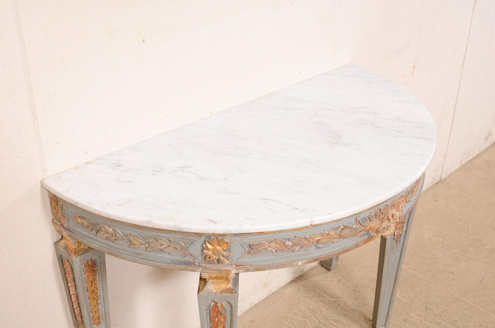 Italian Carved & Painted Demi-Lune Console Table with White Marble Top For Sale 2