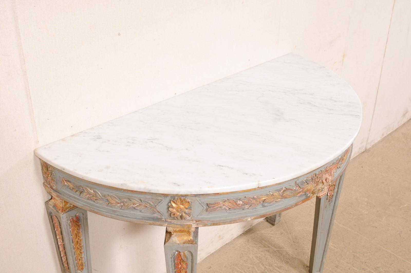 Carved & Painted Demi-Lune Console Table with White Marble Top--Italian For Sale 2