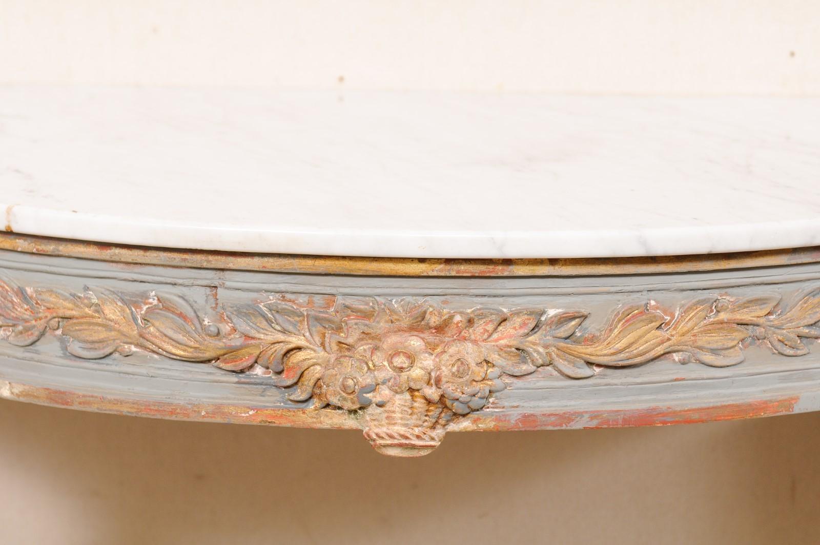 Italian Carved & Painted Demi-Lune Console Table with White Marble Top For Sale 3