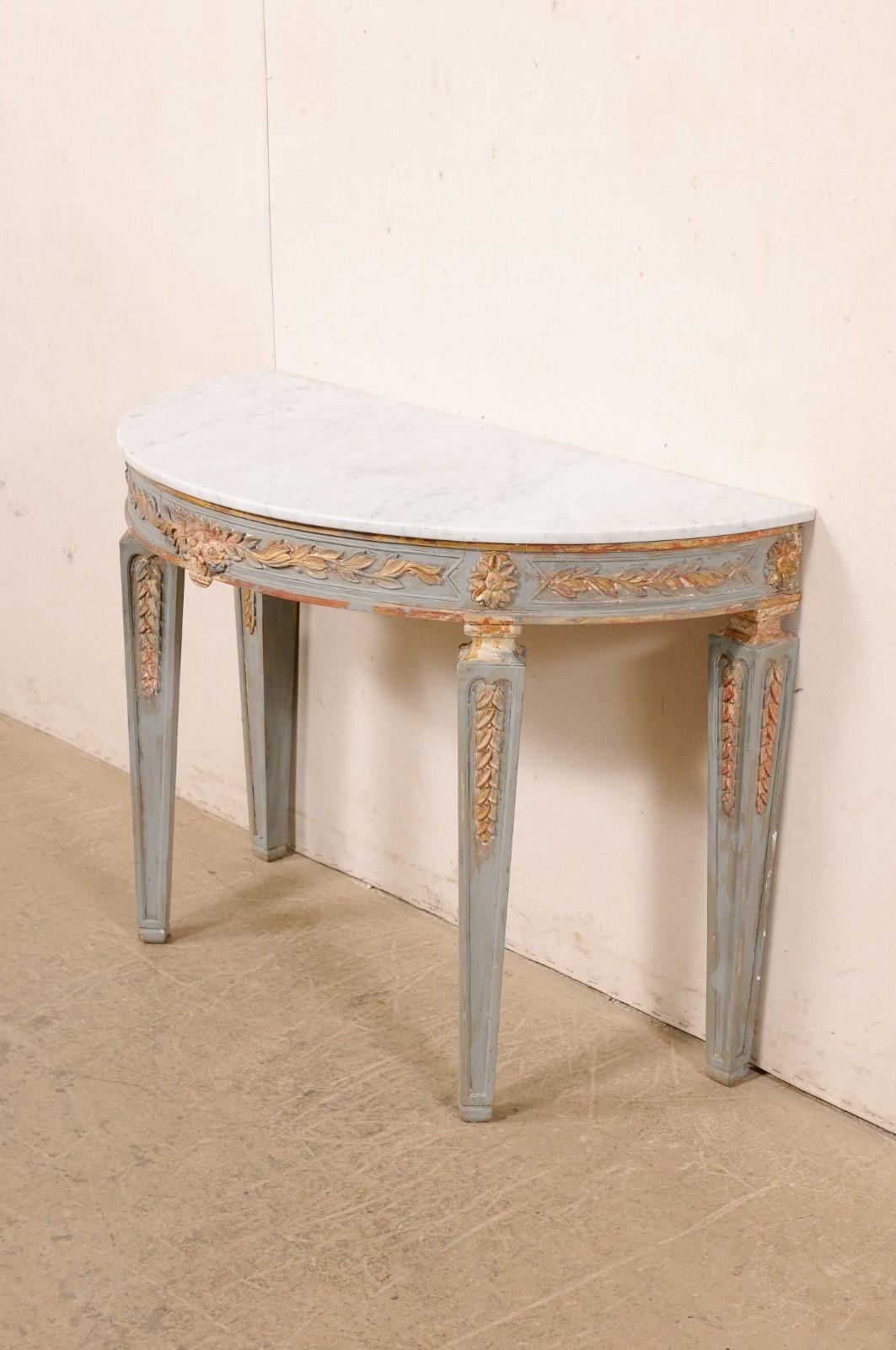 Italian Carved & Painted Demi-Lune Console Table with White Marble Top For Sale 4