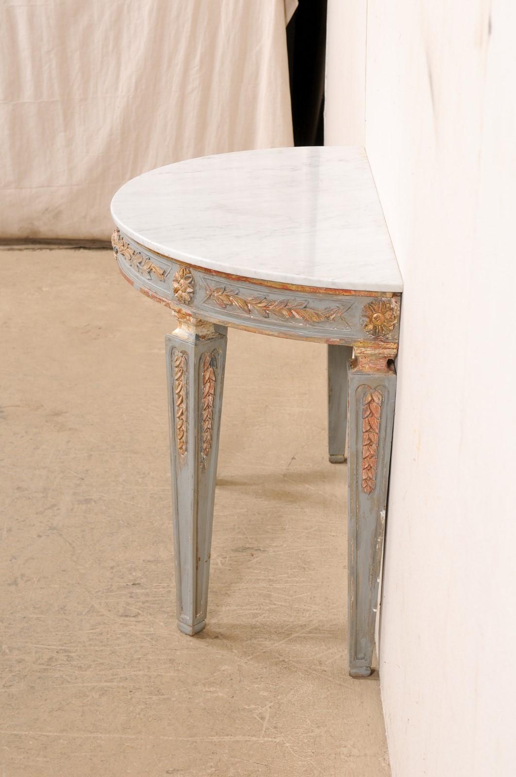 Italian Carved & Painted Demi-Lune Console Table with White Marble Top For Sale 5