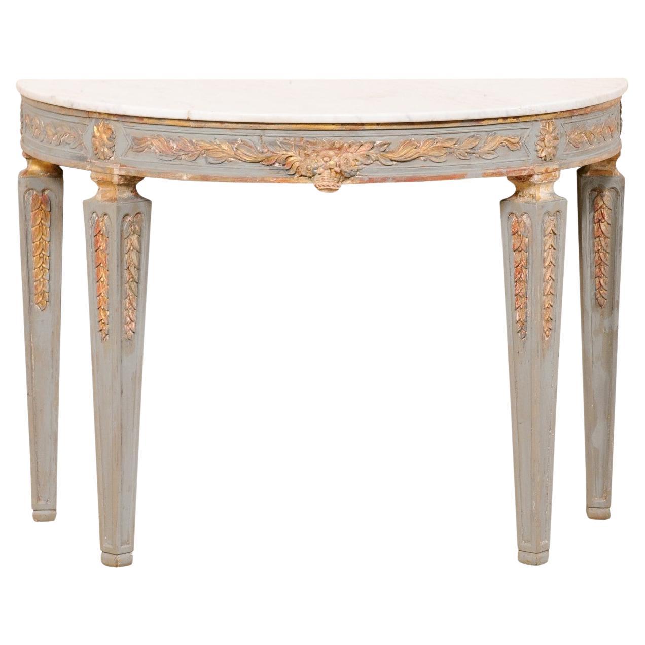 Italian Carved & Painted Demi-Lune Console Table with White Marble Top For Sale