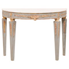 Vintage Italian Carved & Painted Demi-Lune Console Table with White Marble Top