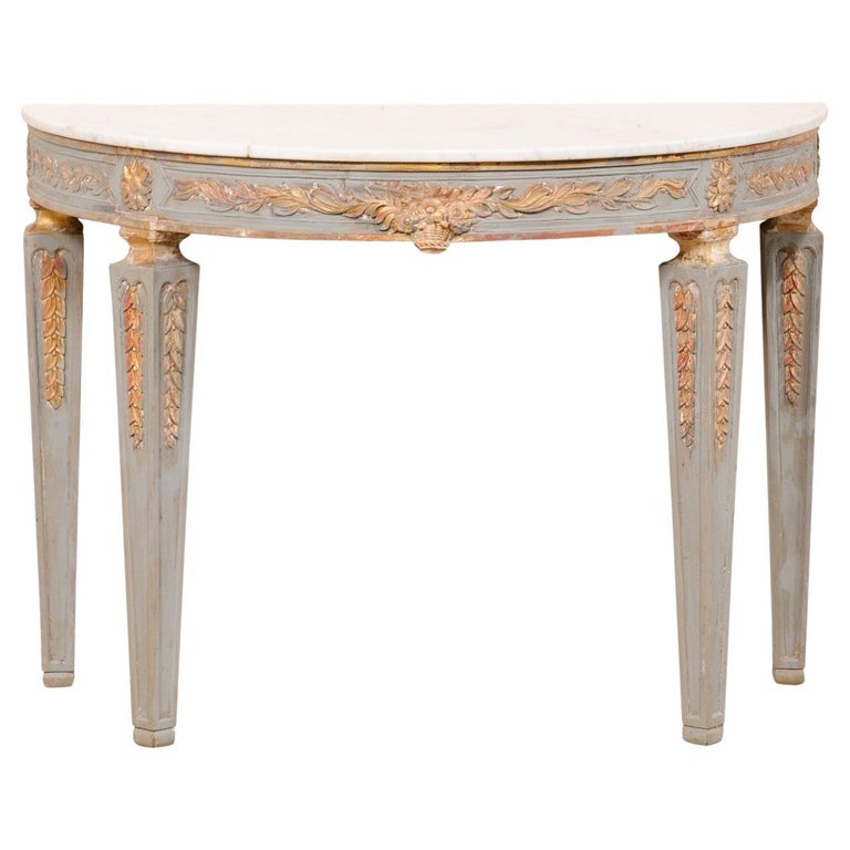 Italian Carved and Painted DemiLune Console Table with White Marble