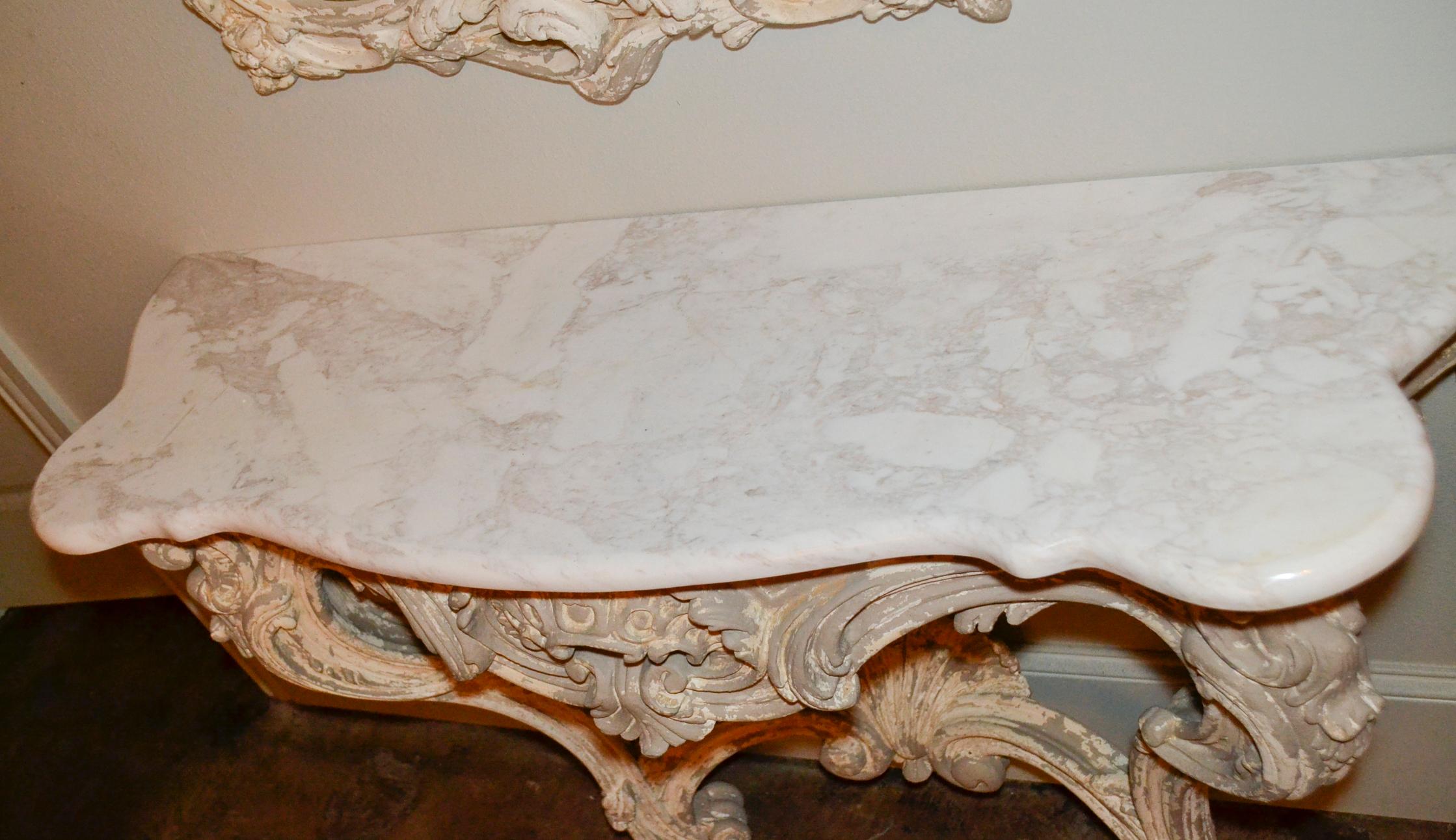 Marble Italian Carved and Painted Wood Console and Mirror