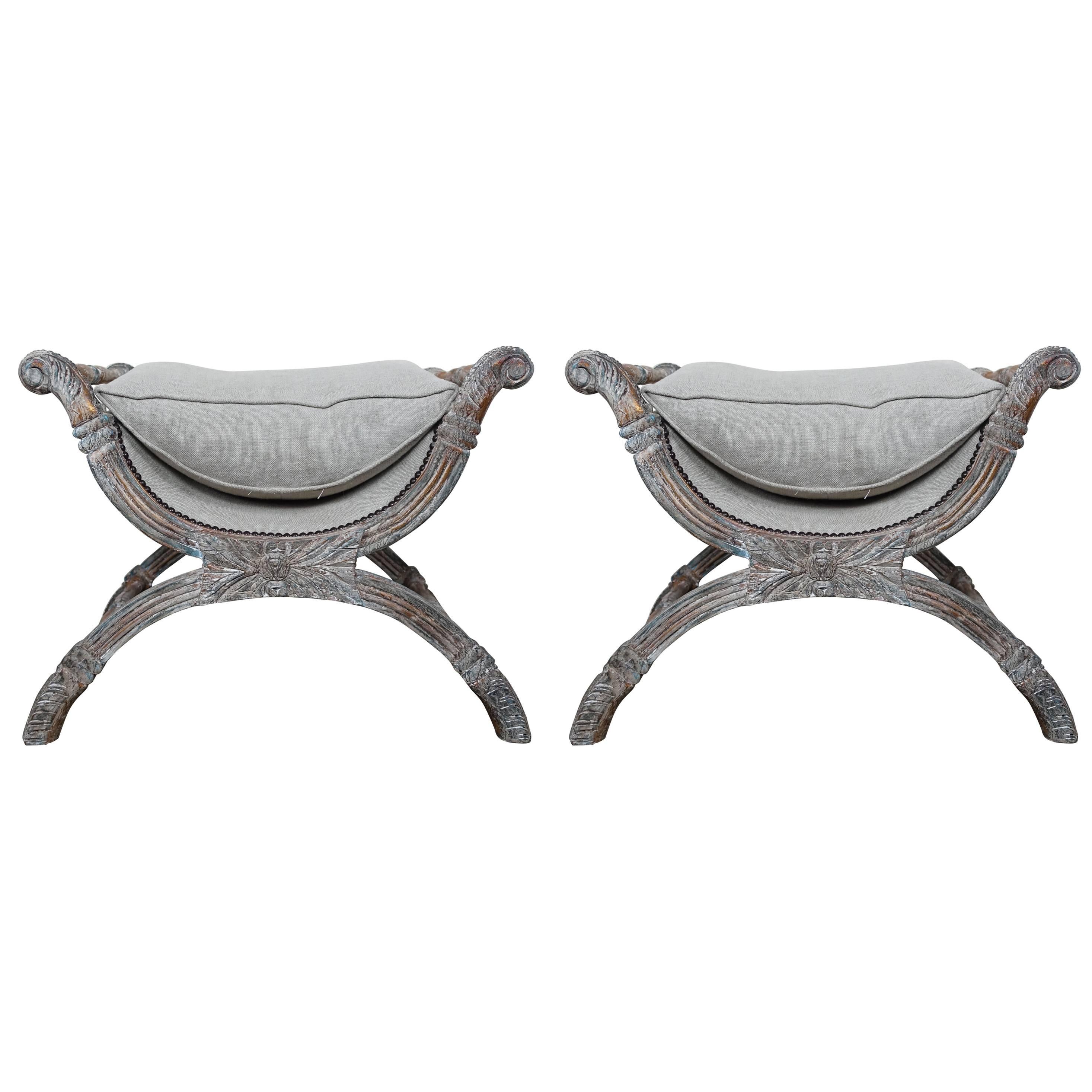 Italian Carved Painted "X" Style Benches, Pair