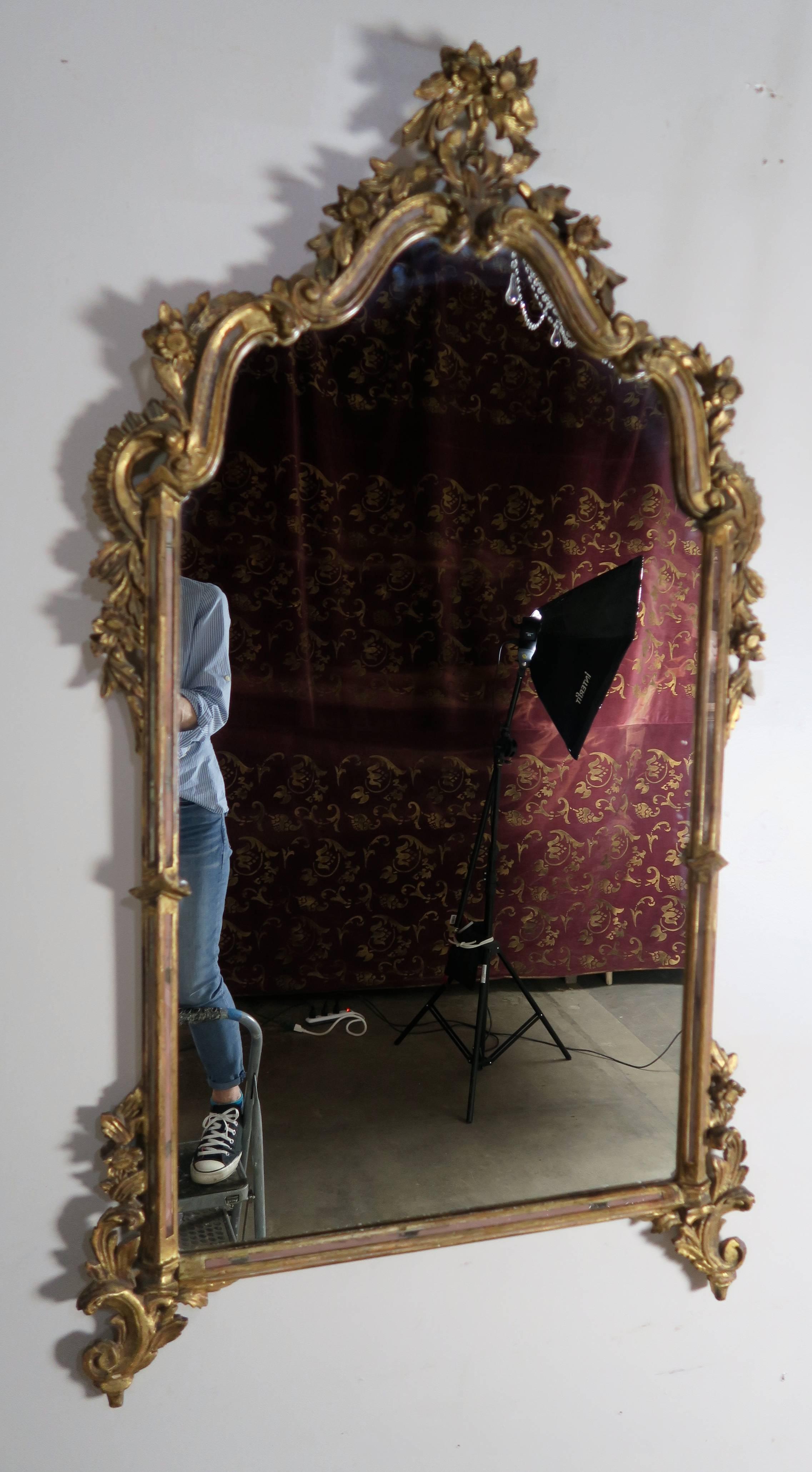 Italian Rococo style carved gold leaf mirror with small flowers and acanthus leaf detail throughout.