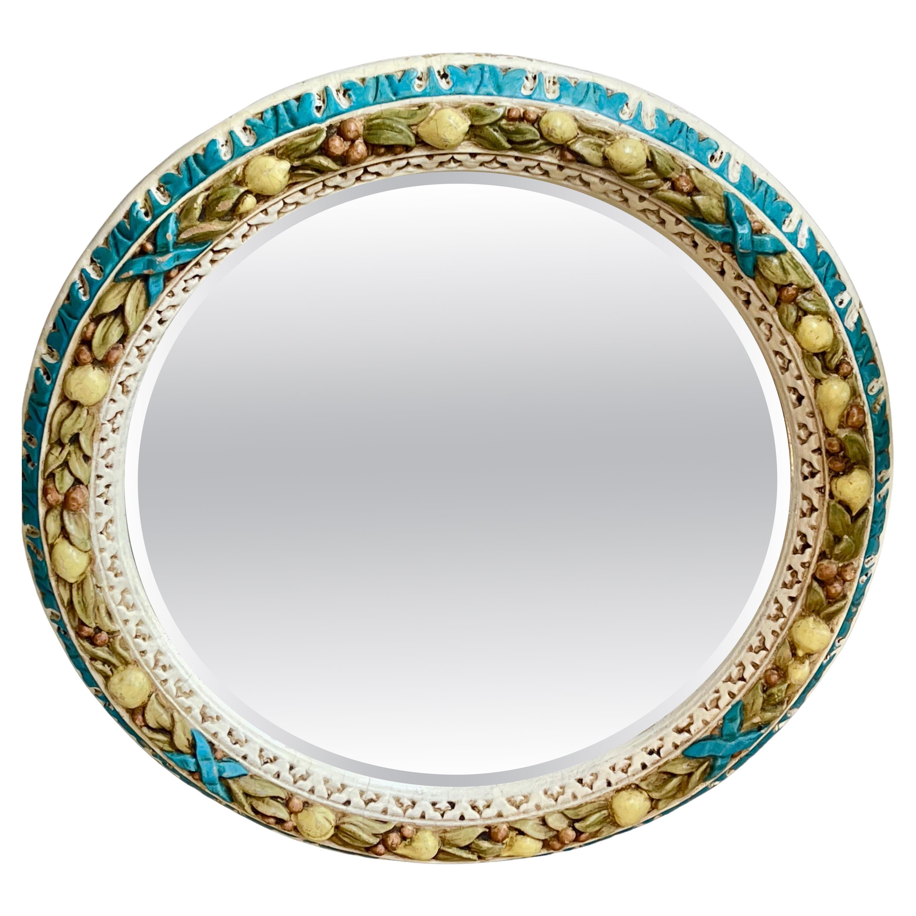 Miroir rond italien sculpté en bois de Florentine, citron et laurier en vente