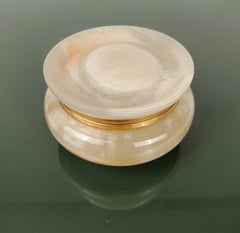 Italian Carved Round Green Onyx Marble Box with Gilded Lionfeet, 1950s