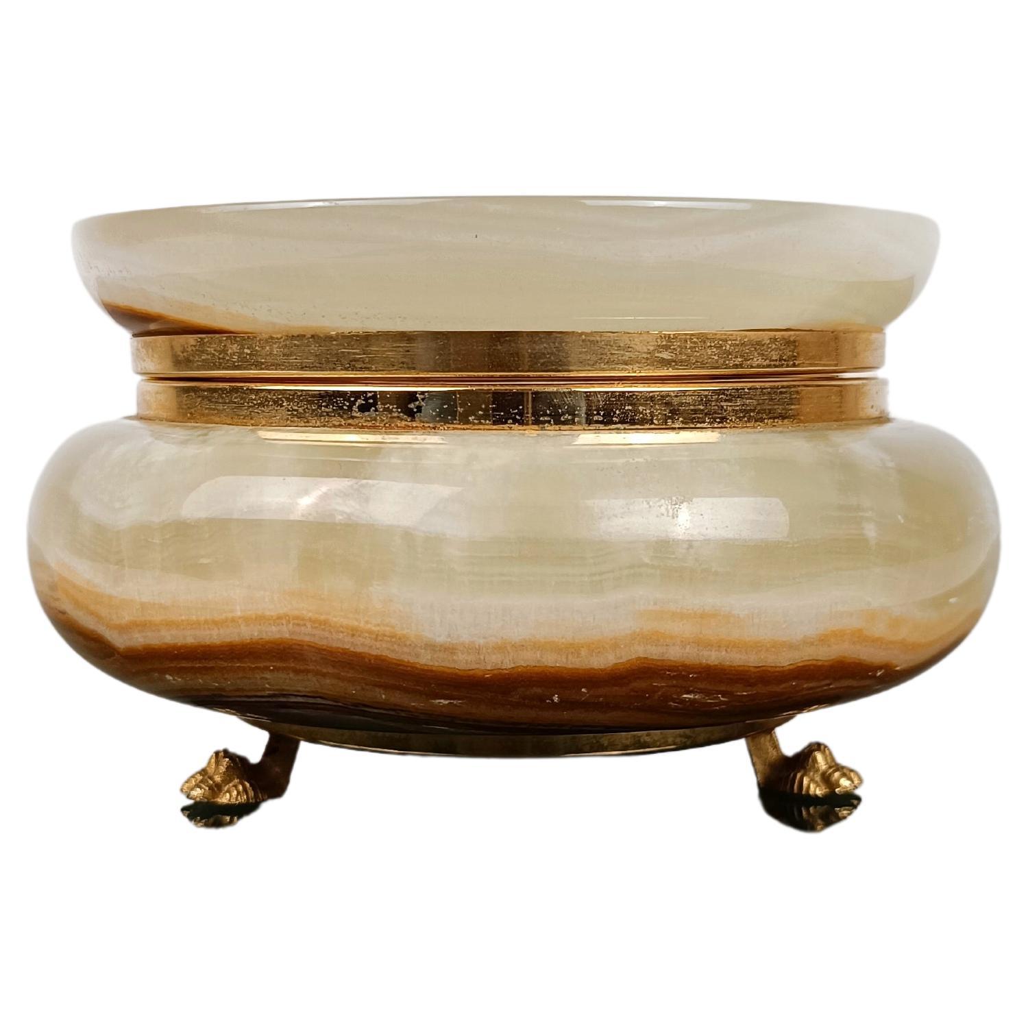 Italian Carved Round Green Onyx Marble Box with Gilded Lionfeet, 1950s  For Sale
