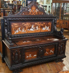 Banc italien sculpté pour chasseurs de Settle incrusté d'une sculpture baroque 1860