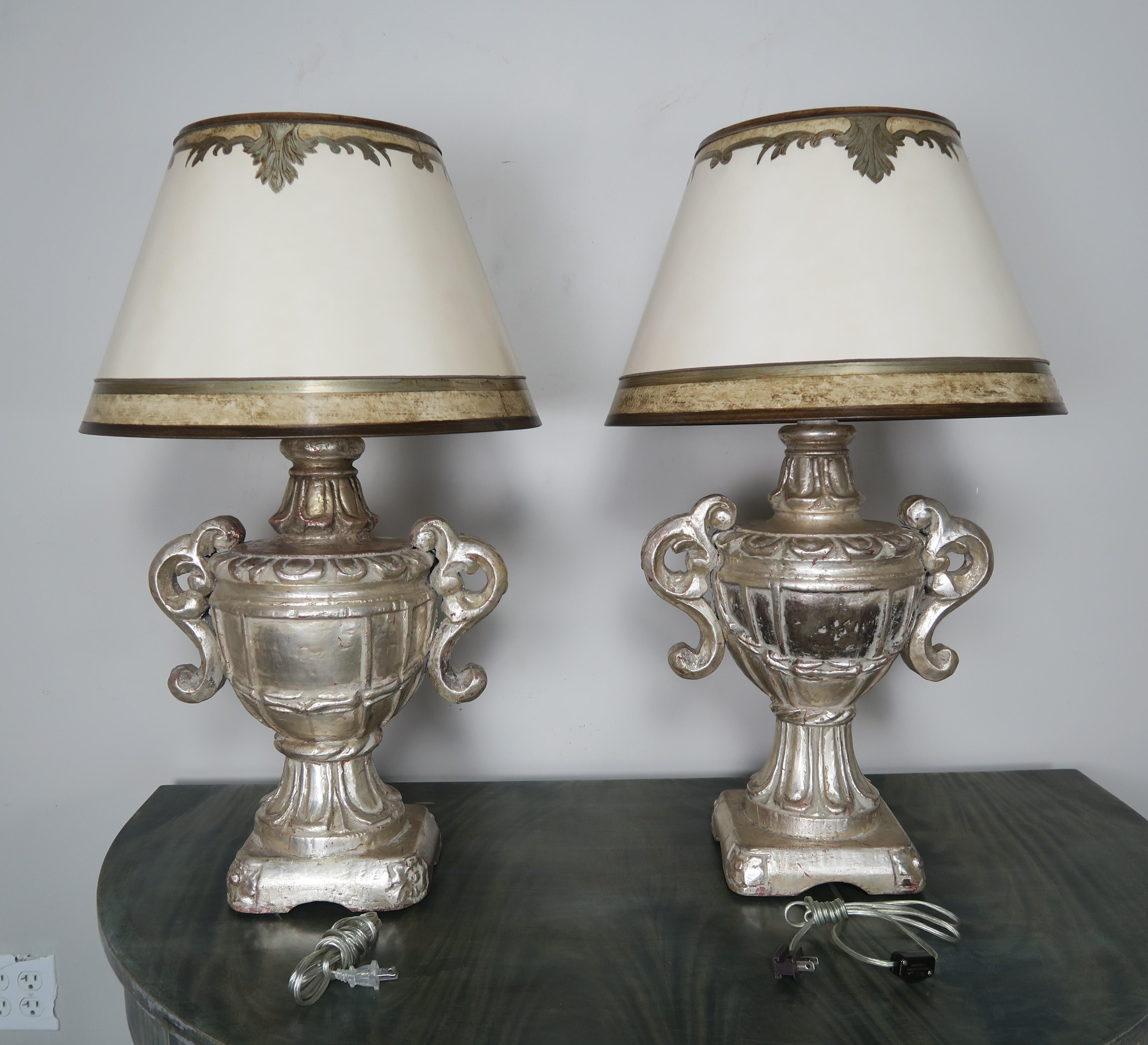 Rococo Italian Carved Silvered Lamps with Parchment Shades, a Pair