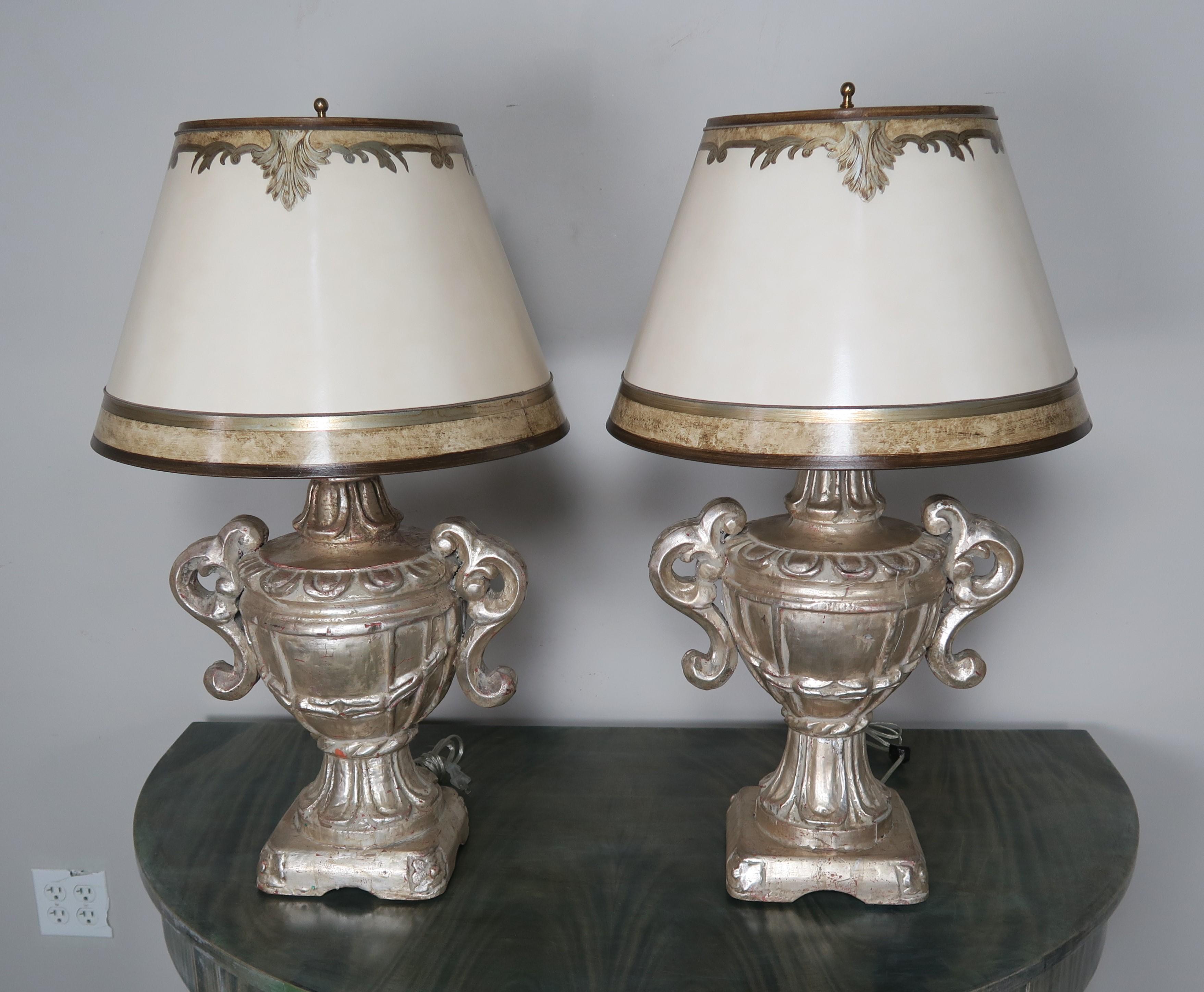 Italian Carved Silvered Lamps with Parchment Shades, a Pair In Excellent Condition In Los Angeles, CA