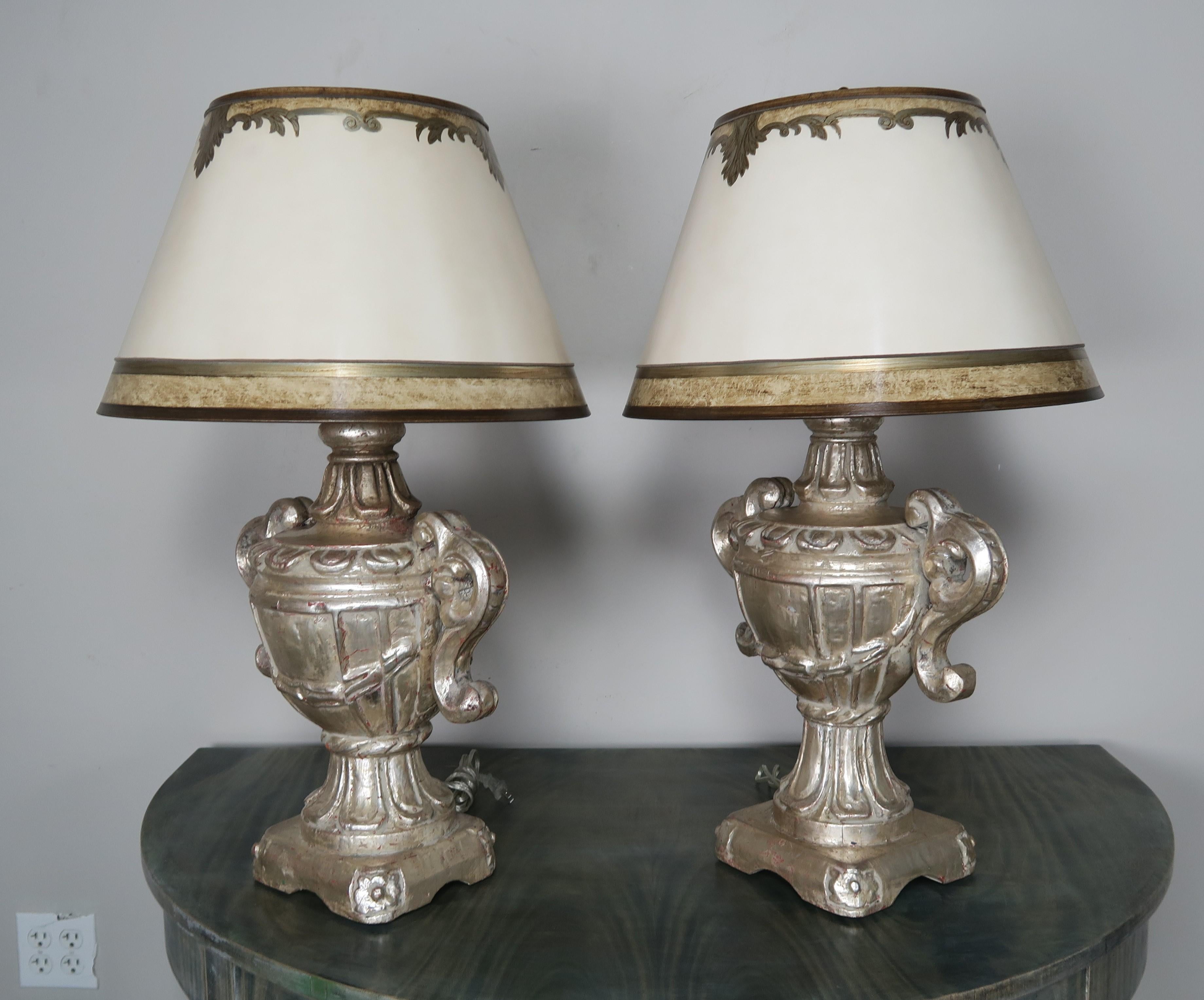 Contemporary Italian Carved Silvered Lamps with Parchment Shades, a Pair