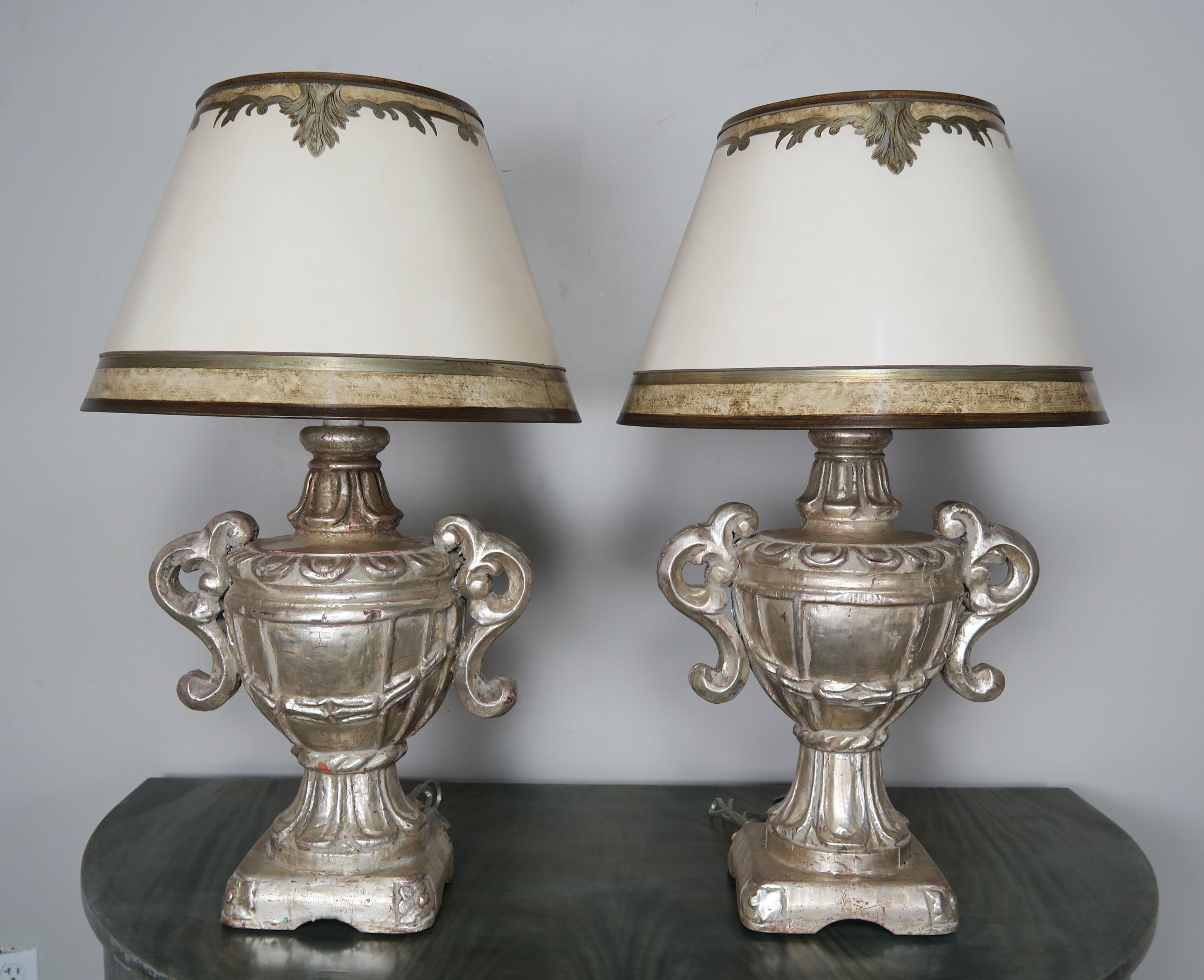 Silver Leaf Italian Carved Silvered Lamps with Parchment Shades, a Pair