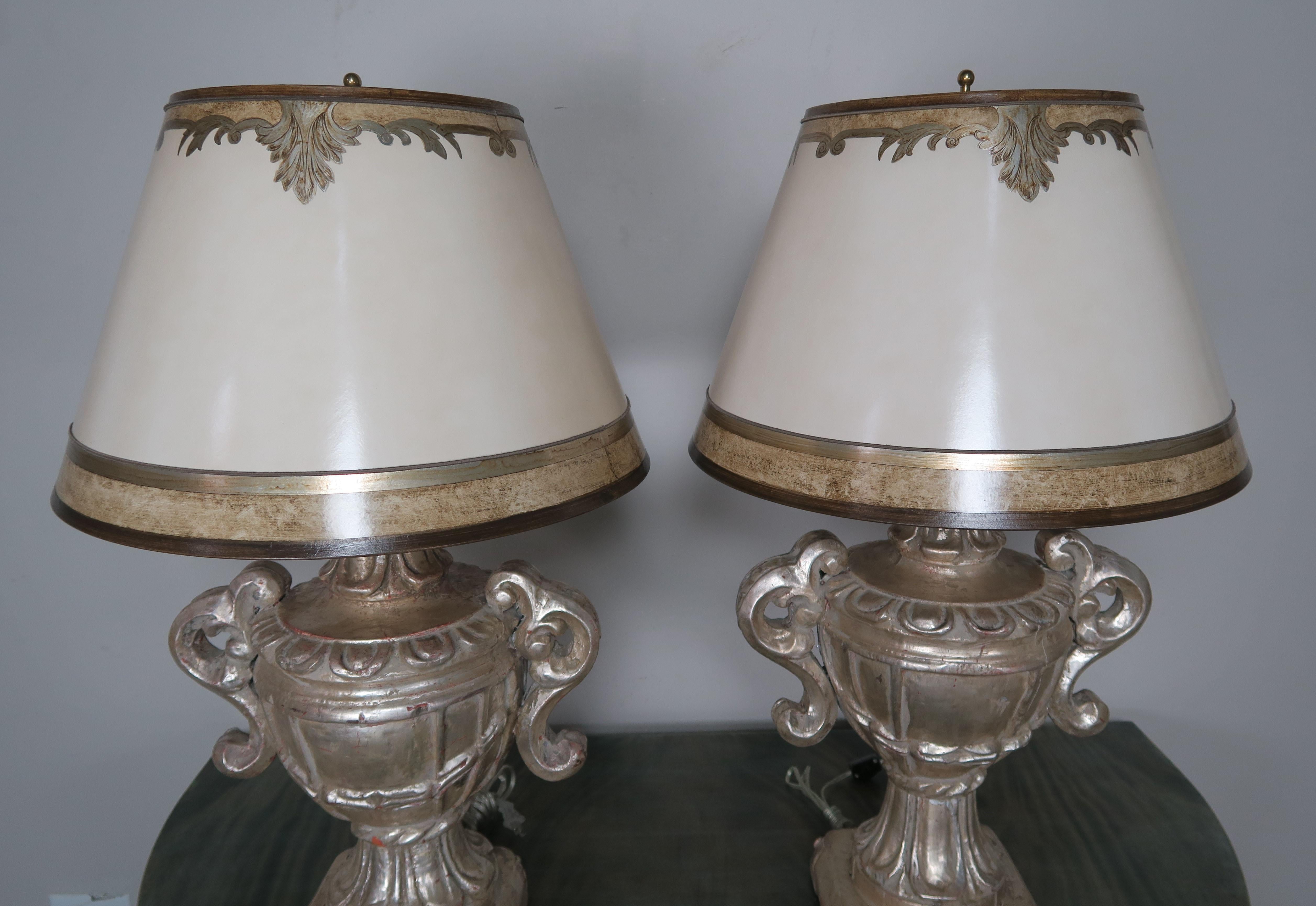 Italian Carved Silvered Lamps with Parchment Shades, a Pair 1