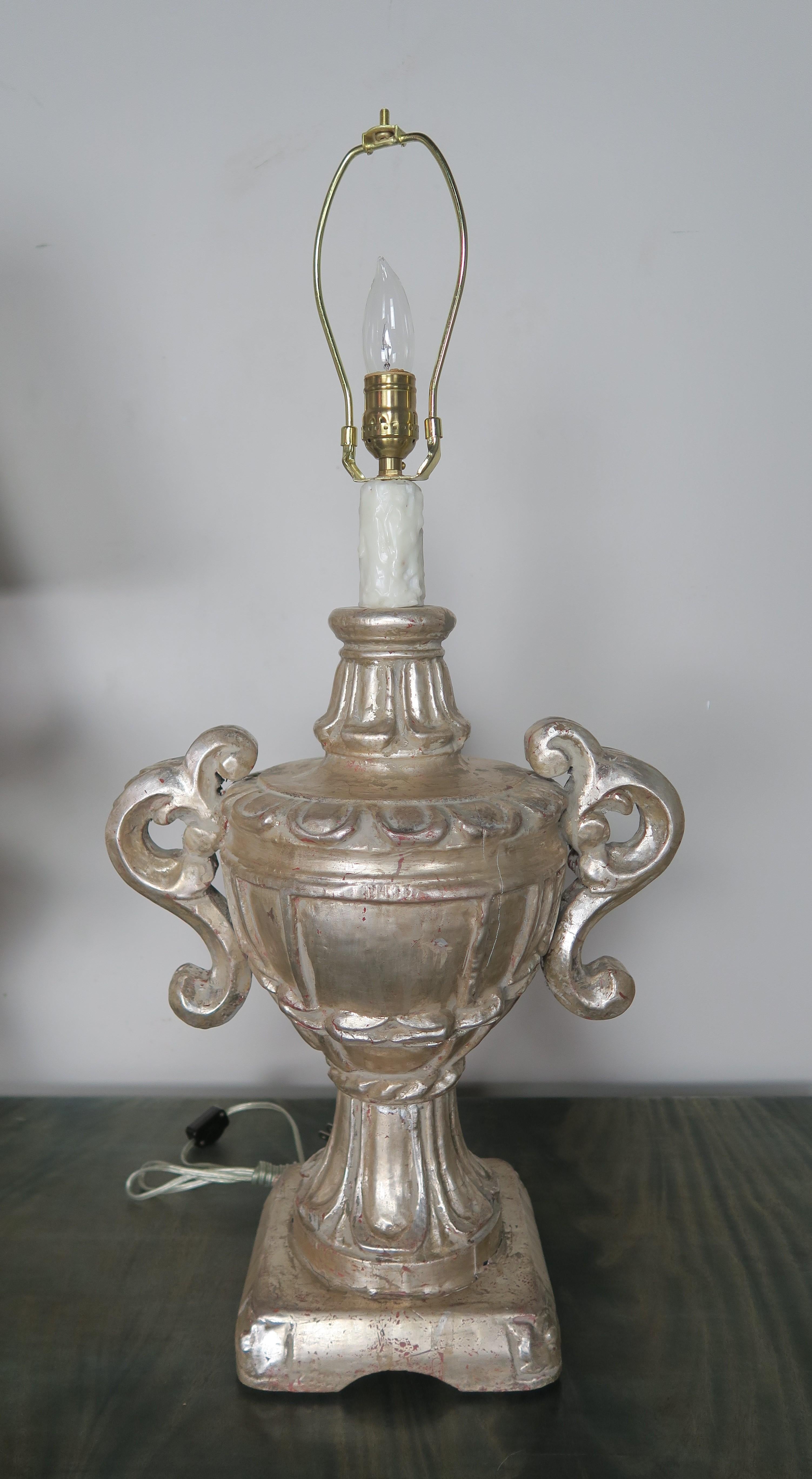 Italian Carved Silvered Lamps with Parchment Shades, a Pair 3