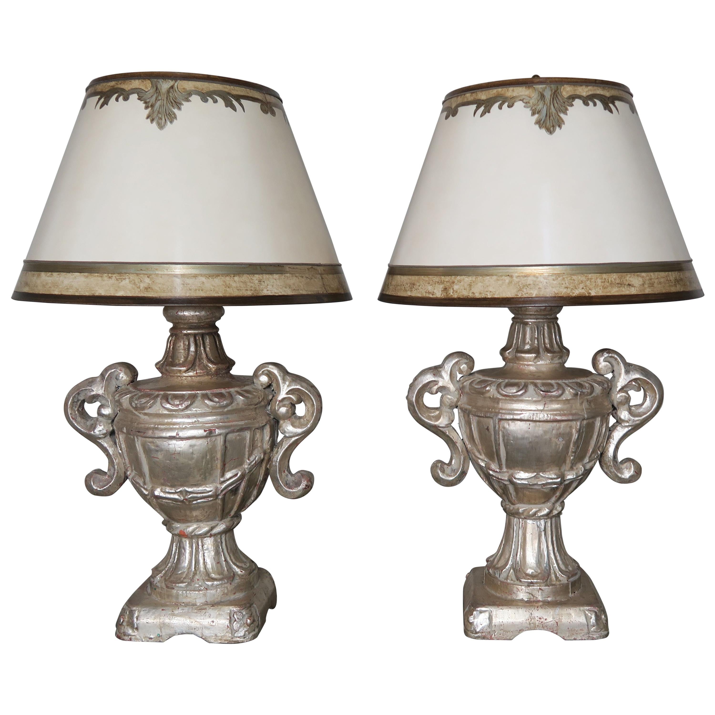 Italian Carved Silvered Lamps with Parchment Shades, a Pair