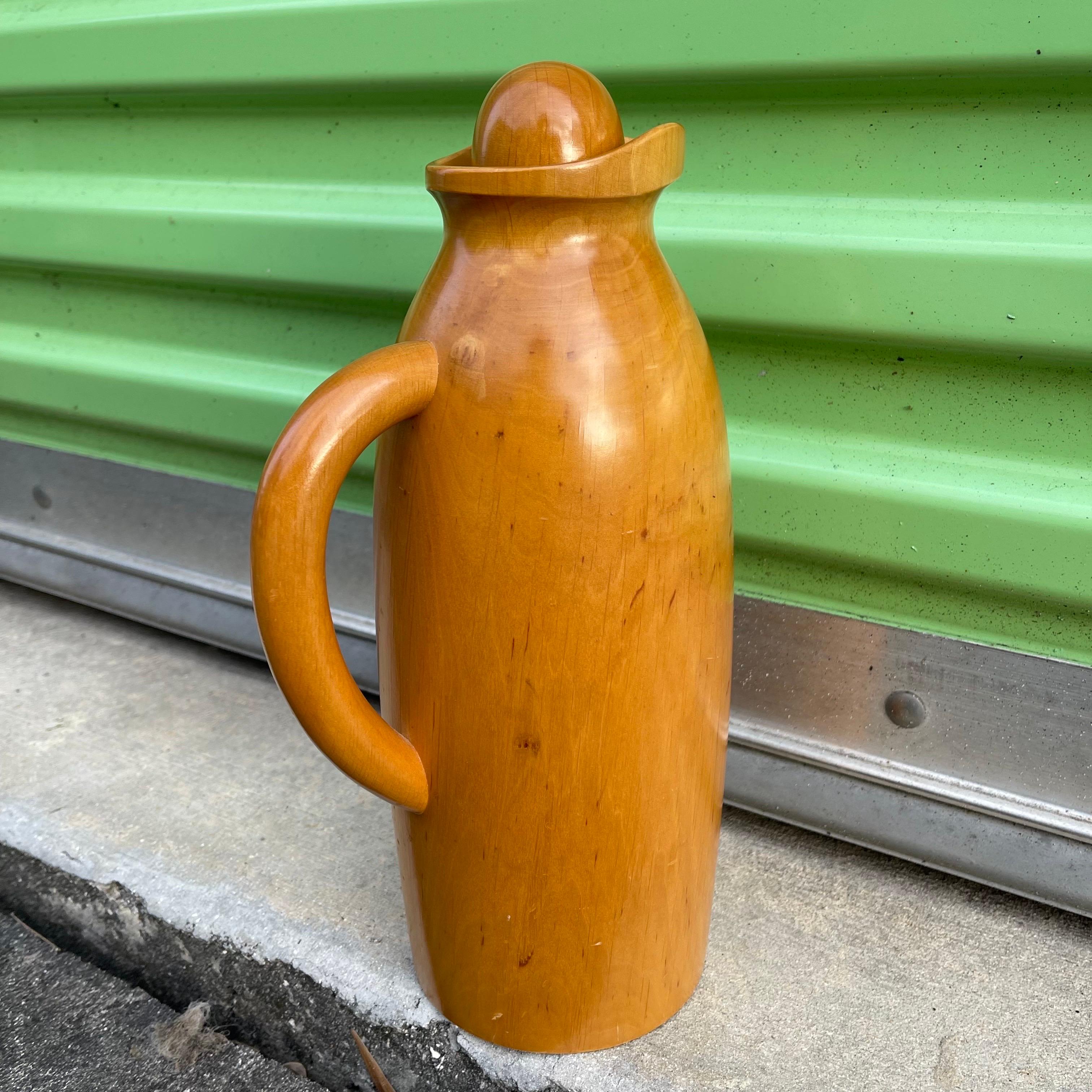 20th Century Italian Carved Sycamore Carafe Insulated Thermos Pitcher, Manzoni Pietro, Vietri For Sale