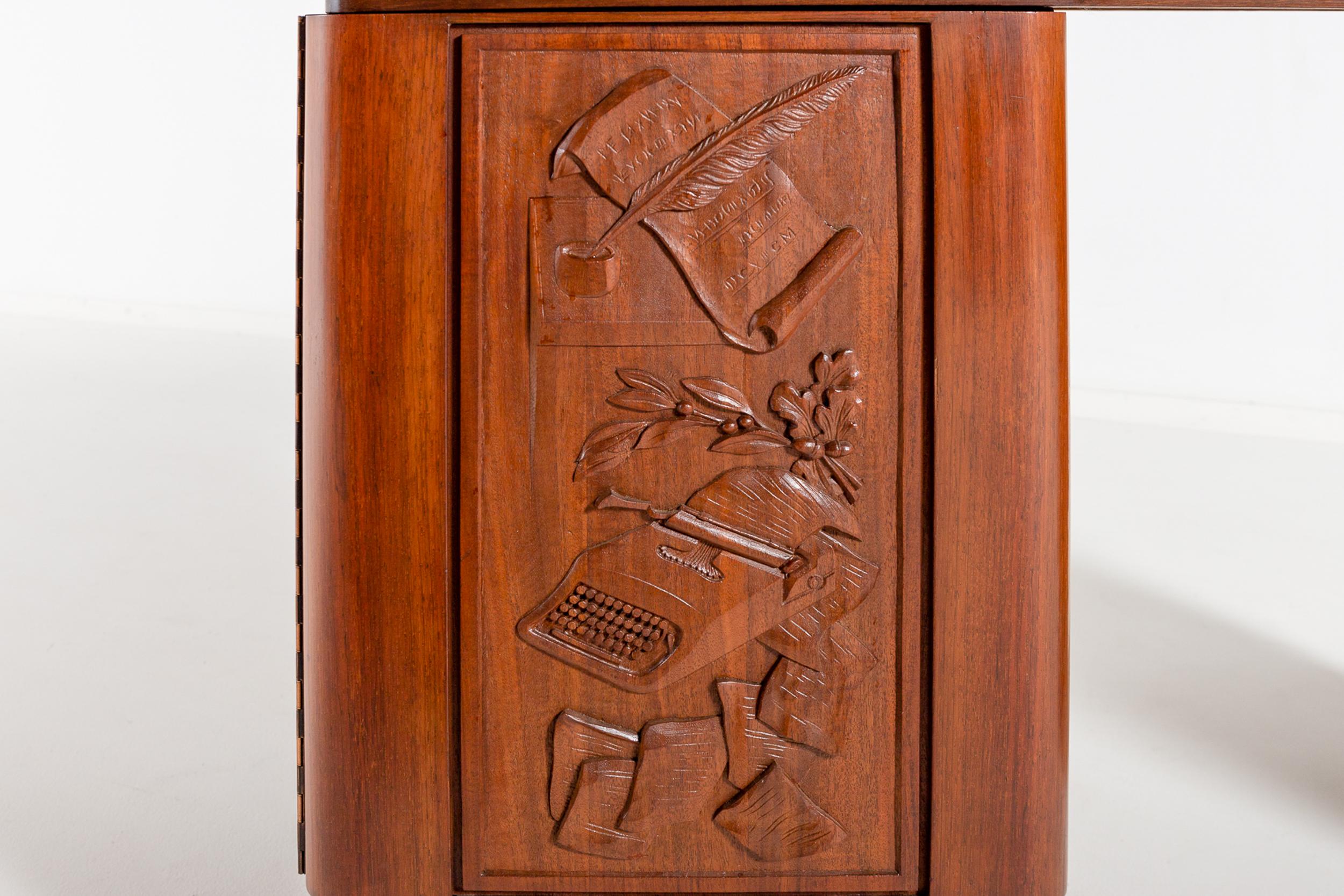 Brass Italian Carved Walnut and Rosewood Desk with Matching Chair, 1960 For Sale