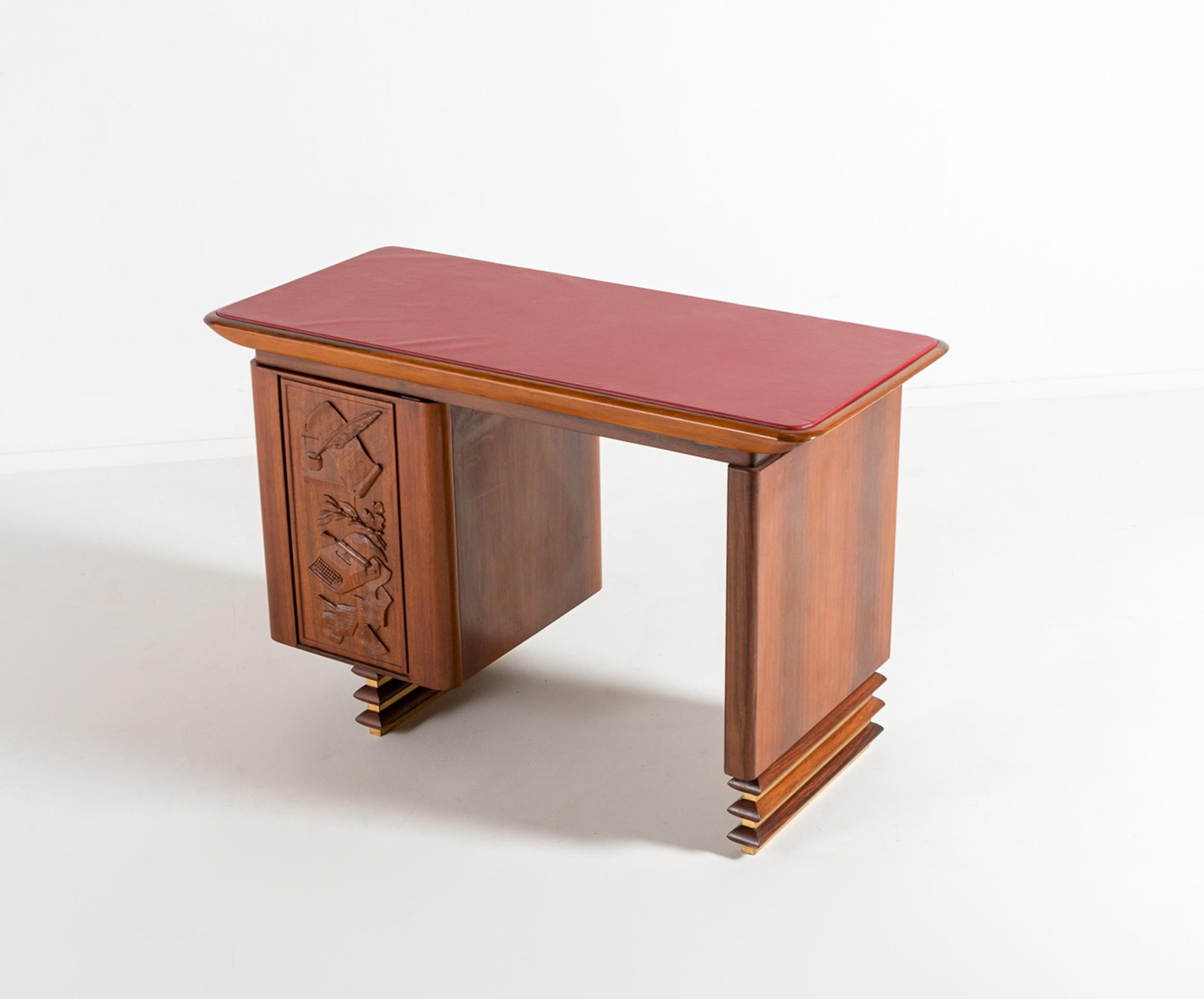 Italian Carved Walnut and Rosewood Desk with Matching Chair, 1960 For Sale 3