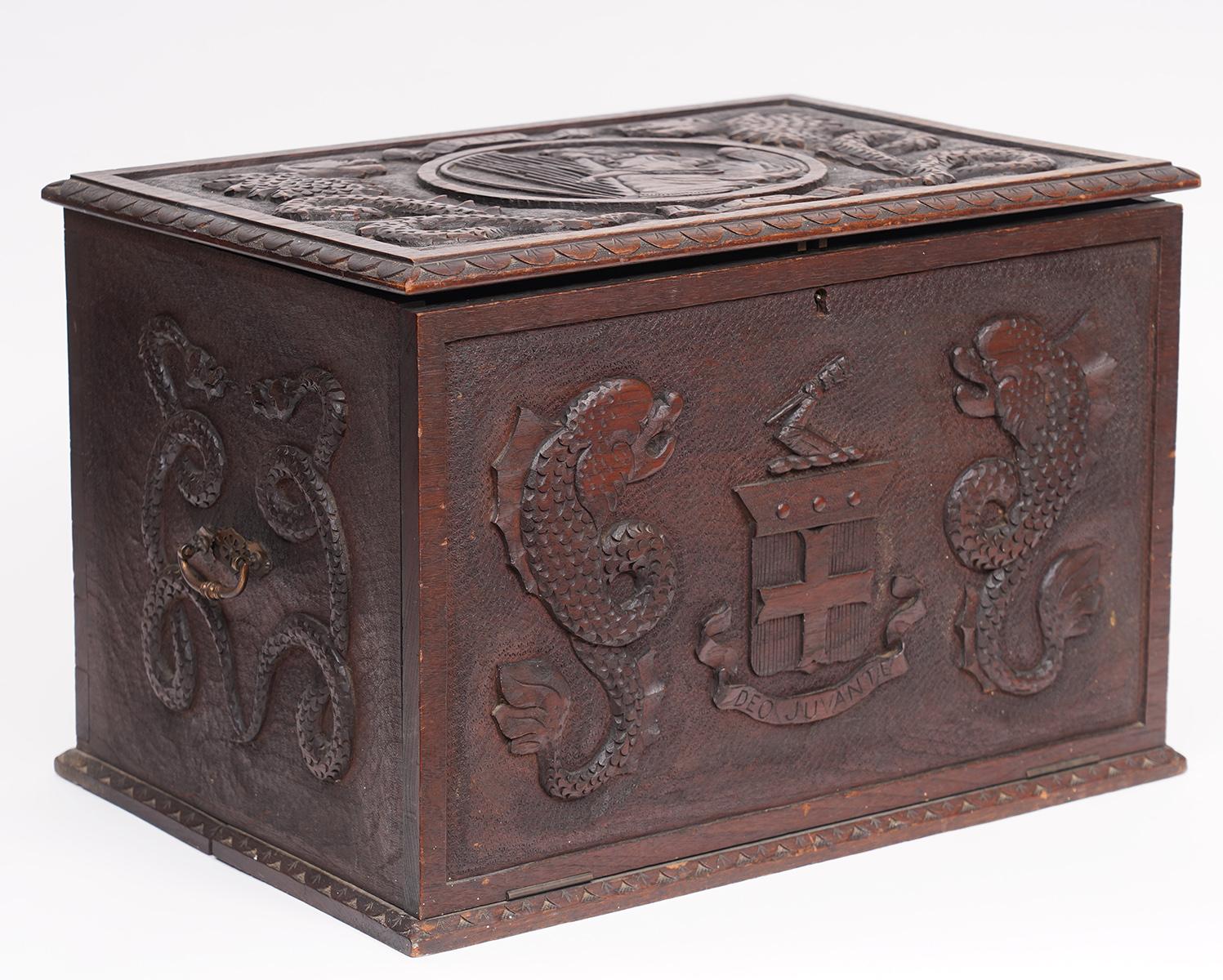 Italian Carved Walnut Captain's Box with Sea Monsters, Coat of Arms and Dolphins In Good Condition In Ft. Lauderdale, FL