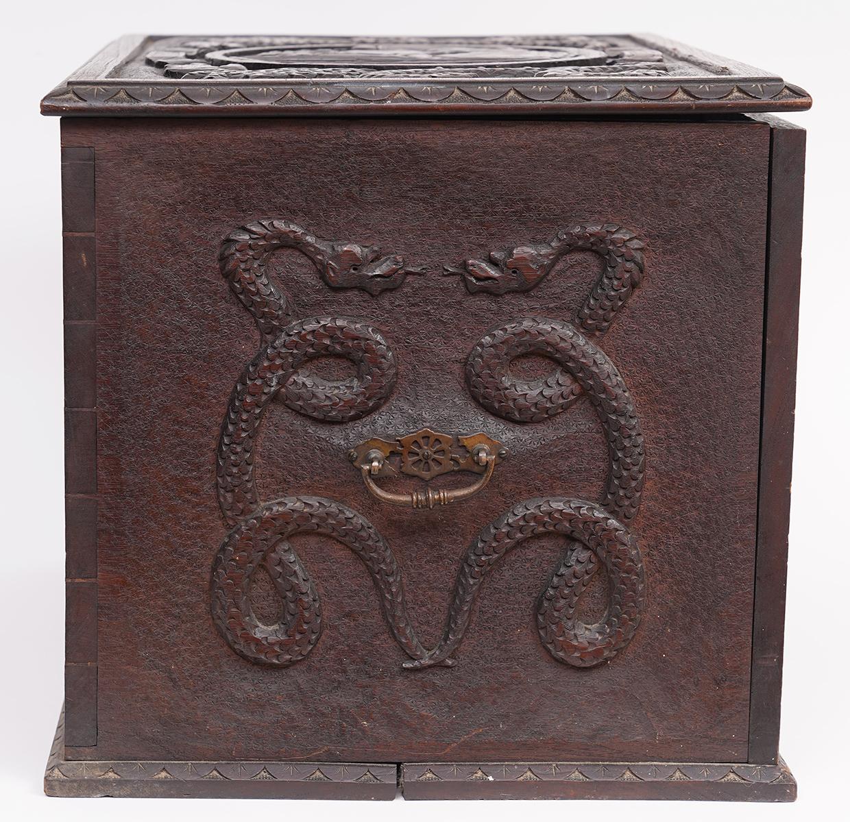 19th Century Italian Carved Walnut Captain's Box with Sea Monsters, Coat of Arms and Dolphins