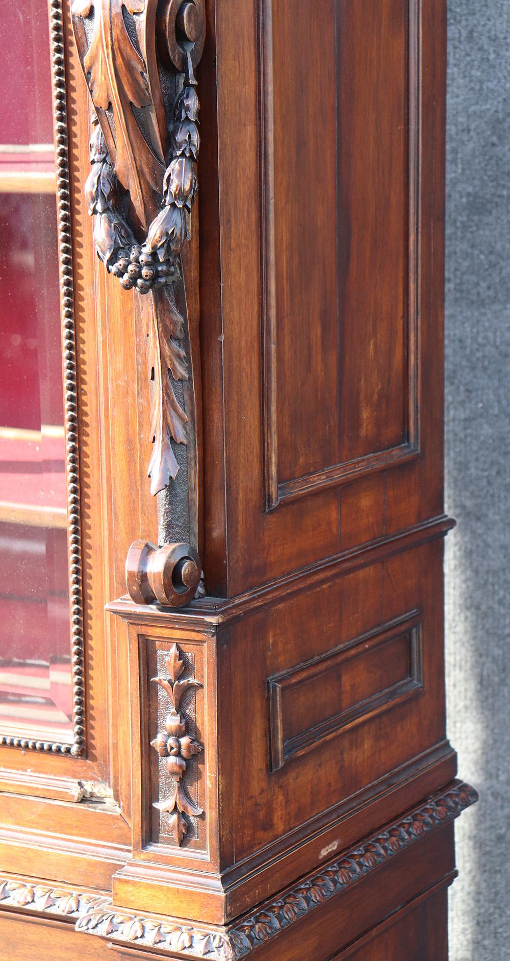Renaissance Italian Carved Walnut Cherub Lions Bookcase China Cabinet