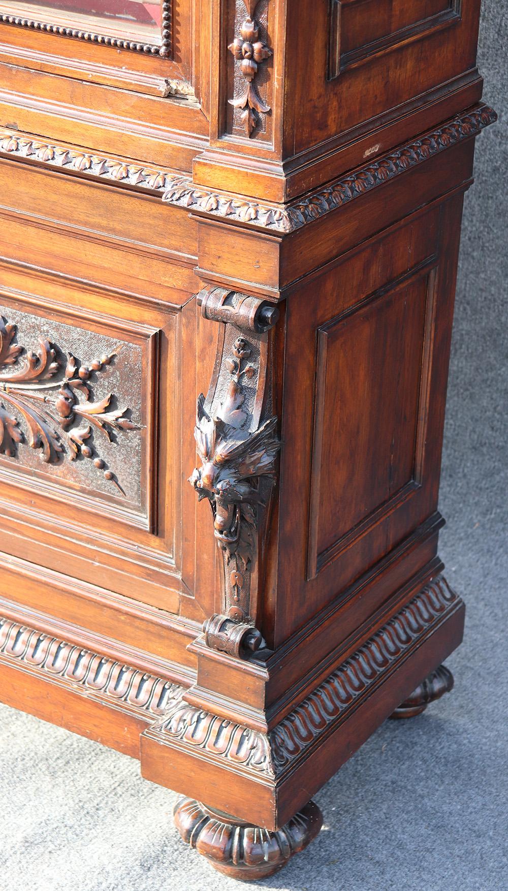 18th Century Italian Carved Walnut Cherub Lions Bookcase China Cabinet